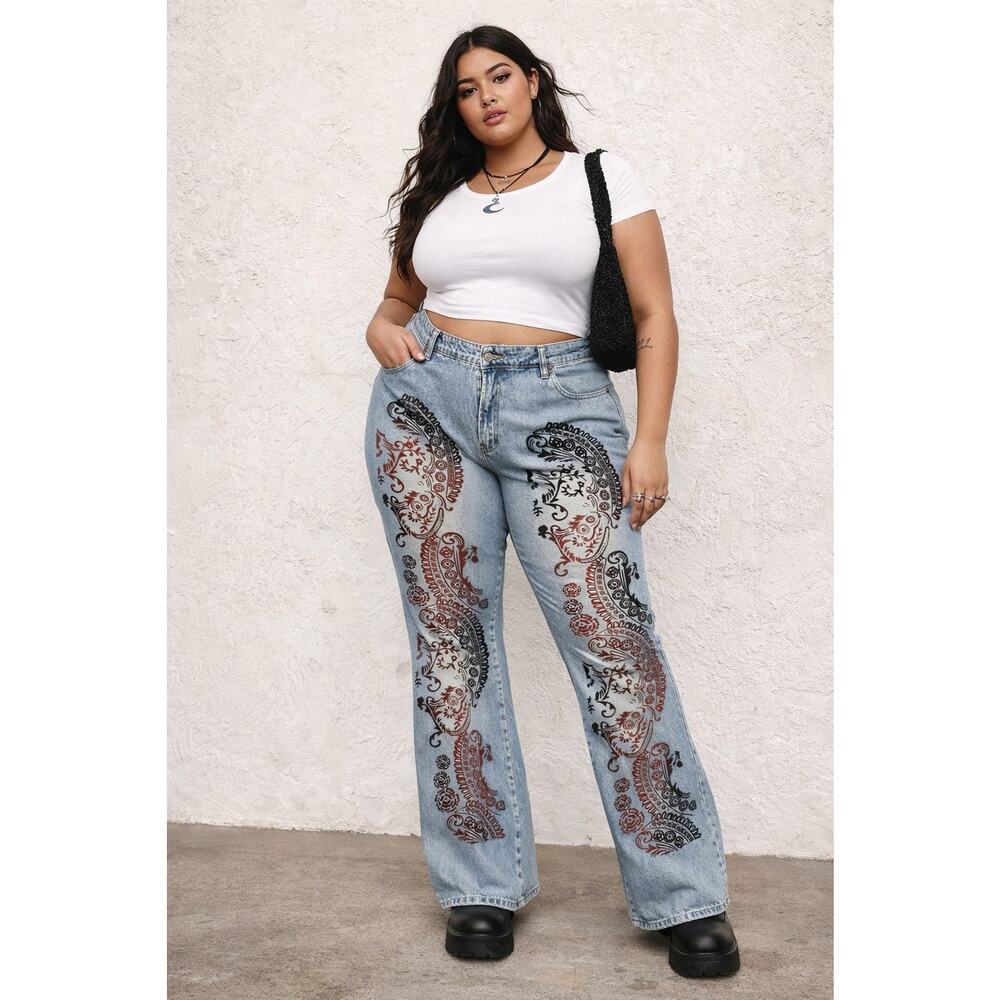 Y2K Vtg Paisley Velvet Flocked Flare Jeans 16 Boho Hippie Festival Indie Grunge
